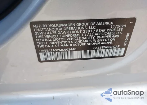 2021 Volkswagen Passat 2.0T Se z USA, uszkodzony, nr VIN 1VWSA7A32MC002440
